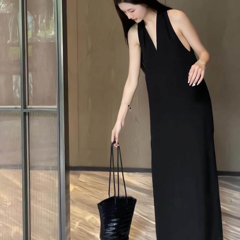 ワンピース レディース ビッグサイズ ゆったり ロング丈 ハルターネック Vネック Aライン 春夏 フェミニン ルーズフィット エレガント 軽量 通勤 普段使い|バランスケア 店