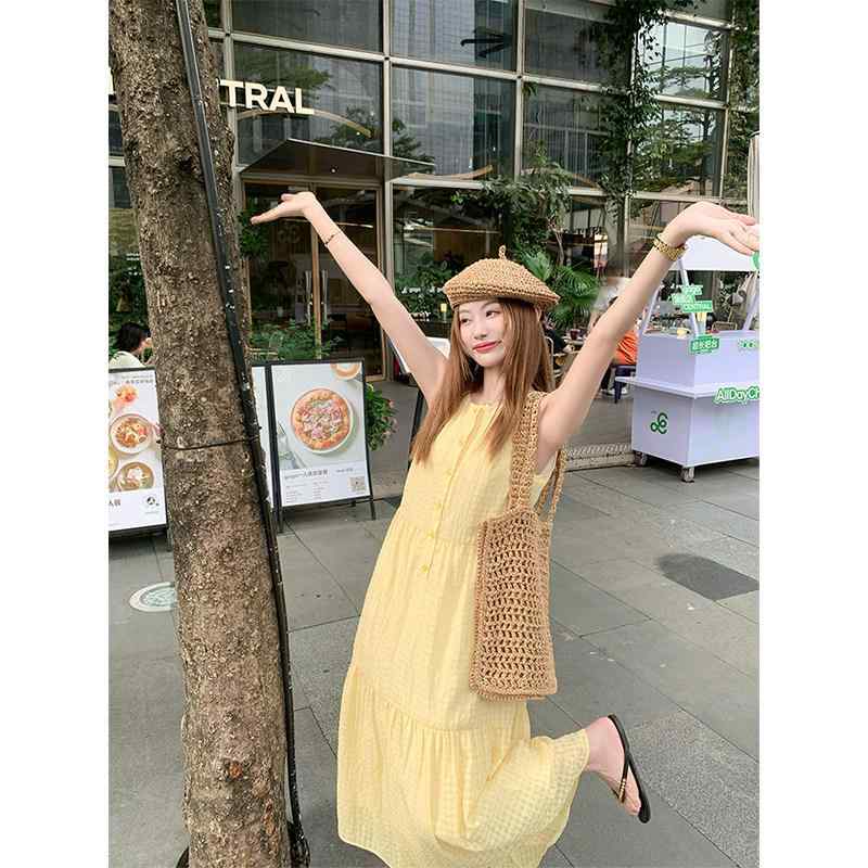 レディース ノースリーブ ワンピース イエロー Aライン ロングドレス 夏用 リゾートスタイル 韓国風 スリムフィット 細見え ボディライン強調 軽量 伸縮性