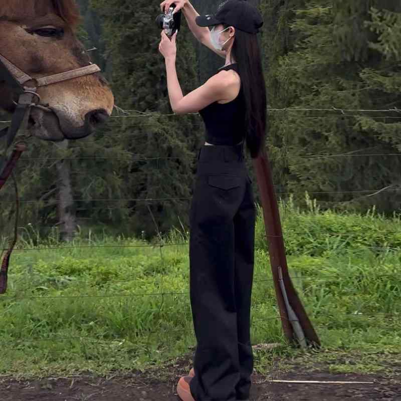 レディース ブラック ワイドレッグパンツ 夏用 薄手 レトロ ハイウエスト ストレート カーゴ スーツスタイル 軽量 伸縮性 カジュアル アウトドア 6,887円