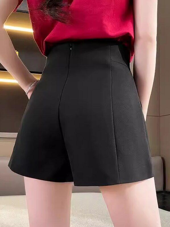 ショートパンツ レディース 夏用 ハイウエスト ワイドレッグ Aライン ブラック シフォン素材 ルーズフィット カジュアル スーツ風 ゆったり 軽量 通気性 普段使い 合わせやすい 涼しい 膝上丈 女性向け