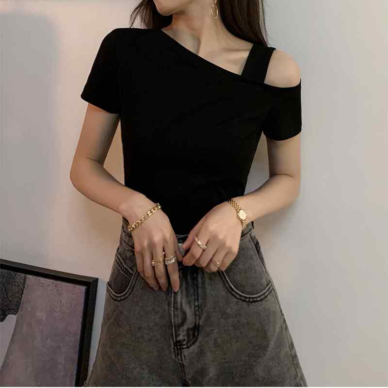 Tシャツ トップス 女性用 オフショルダー ブラック 短袖 夏 肩出し セクシー 鎖骨見せ デザイン 個性的 カジュアル デイリー 吸湿速乾