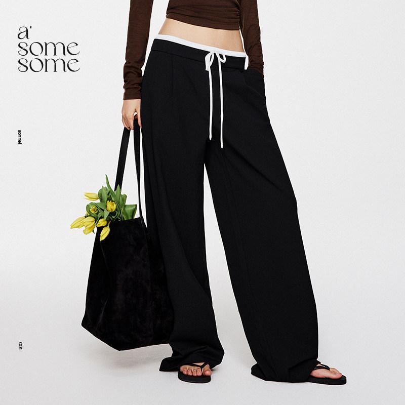 レディース ワイドレッグパンツ 切り替え ハイウエスト スーツパンツ ゆったり ブラック ストレート ロング丈 カジュアル 普段使い ルーズフィット