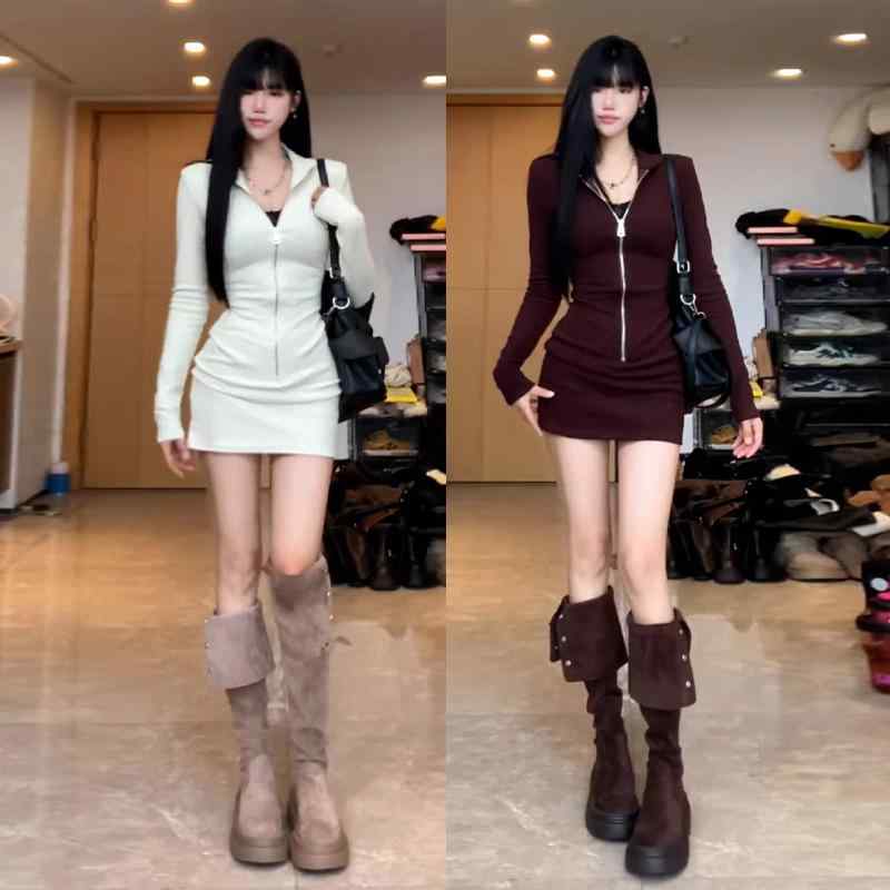 ワンピース レディース 秋冬 ニット ジッパー セクシー ヒップハグ ミニ丈 インナー ベースレイヤー 伸縮性 かわいい ピュア スタイル 吸湿速乾 軽量 普段使い