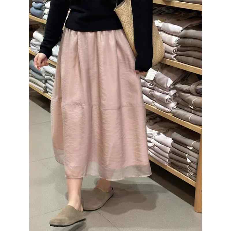 レディース スカート ピンク シフォン 夏用 薄手 大きめサイズ ハイウエスト Aライン 中長丈 フレア チュール 軽量 涼しい カジュアル 細見え 女性用 普段使い 膝丈 ソフト素材 通勤対応｜バランスケア　店