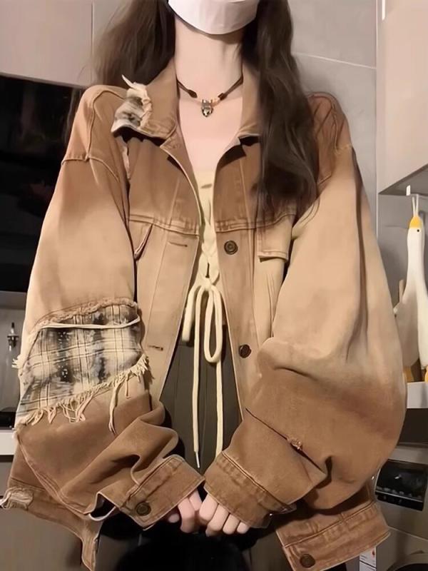 デニムジャケット レディース 春秋 ゆったり ルーズフィット ディストロイ加工 パッチ デザイン カジュアル ワーク スタイル アメリカン ハイストリート 普段使い コットン 素材 軽量 伸縮性