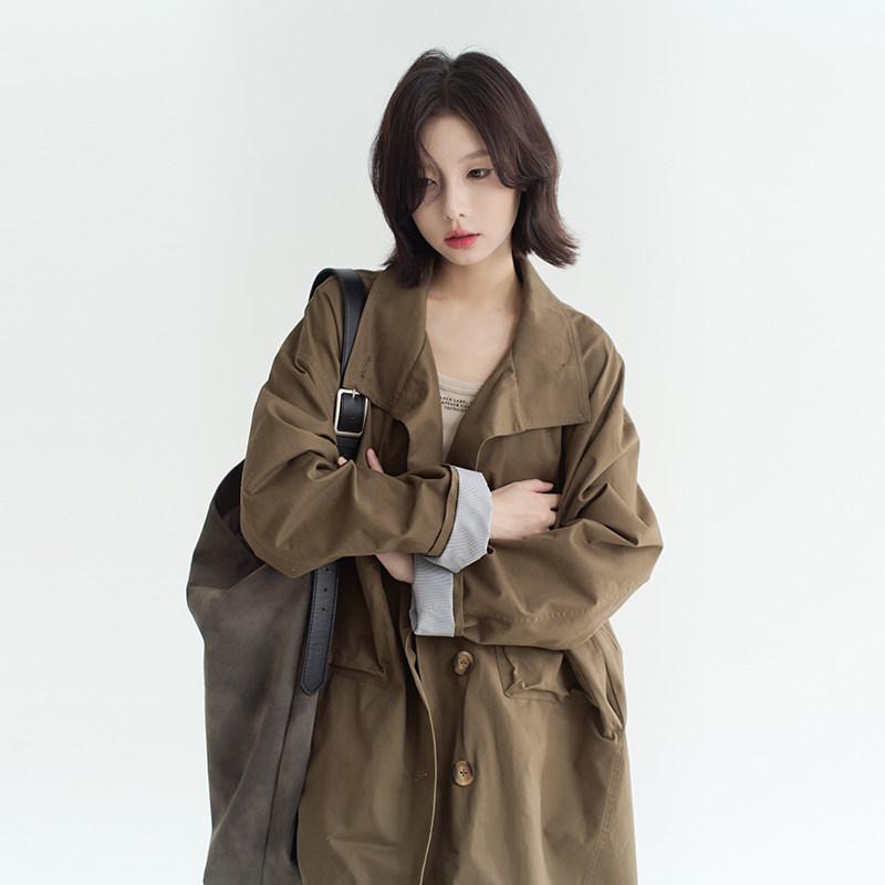 トレンチコート レディース ゆったり 大衣嚢 ラペル 春 軽さ アウター ロング丈 今めかしい 厚地の外套 春物 成人女性用 日常使い走り