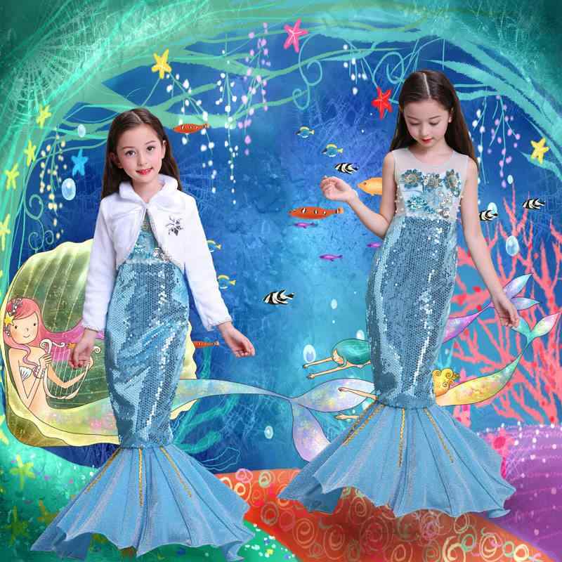 女の子 人魚 プリンセス ドレス 魚尾スカート ハロウィン コスプレ 誕生日パーティー ブルー かわいい デザイン