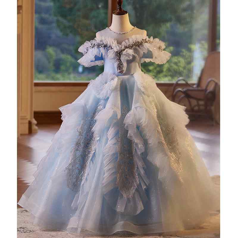 女の子用 夏 プリンセスドレス チュチュスカート 誕生日パーティー 結婚式 フラワーガール 青 高級感 ふんわりシルエット 軽量 通気性 かわいい デザイン|バランスケア 店