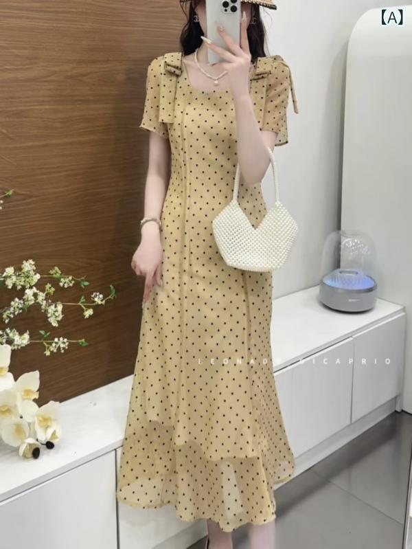 レディース 衣装 夏用 フレンチ表現スタイル 真四角素っ首 か細い 酉の方角シェイプ ポリ点点 ハートモ旗がしら フローラルプリント 窈窕たる ひな型 心地好い