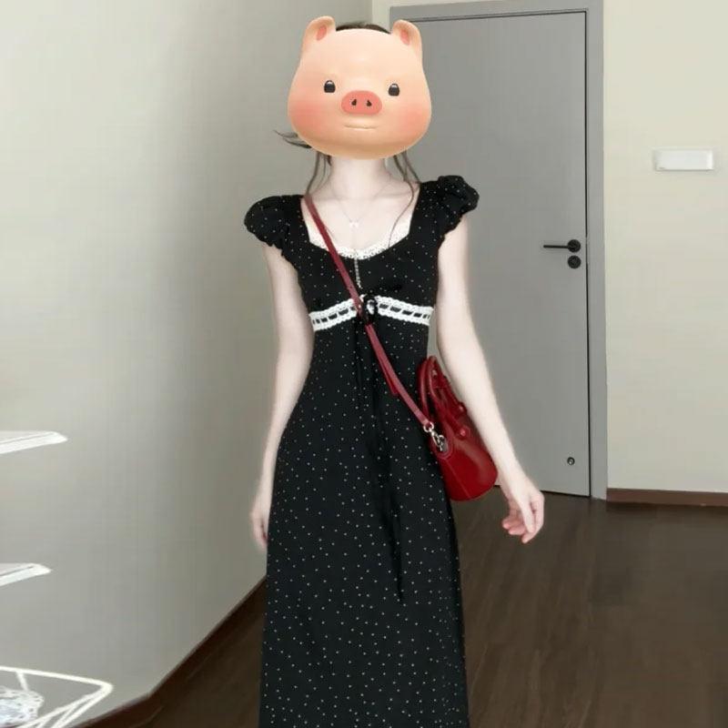 ワンピース 女性用 フレンチスタイル ポルカドット パフスリーブ ヒップハグ ロングドレス 夏用 かわいい デザイン スタイリッシュ 軽やか シルエット