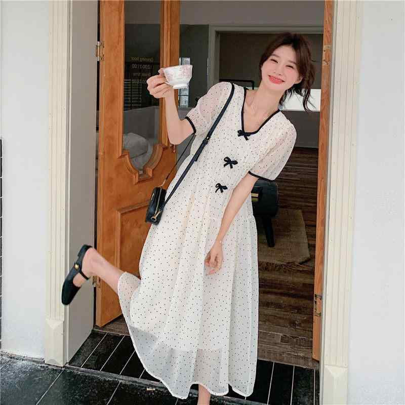 ワンピース マタニティ 白 ポルカドット リボン デザイン 夏用 上品 軽量 綿素材 妊婦服 妊娠中 ゆったり シルエット 女性用
