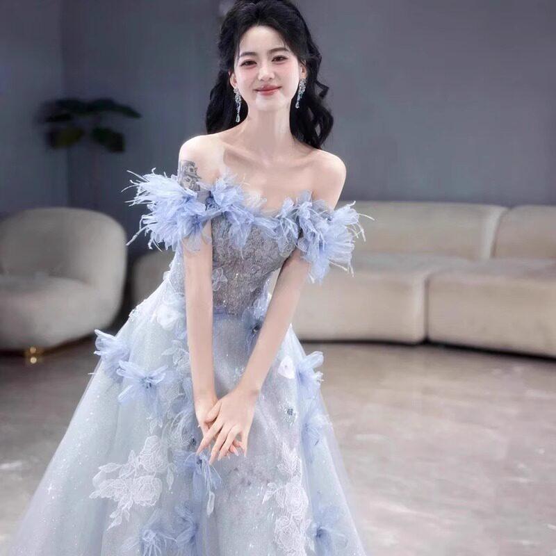イブニングドレス レディース ブルー プリンセススカート 高級感 パーティー用 婚約式 成人式 卒業式 学生向け 司会服 声楽発表会 フォーマルドレス ロングドレス 優雅 シルエット 11,130円