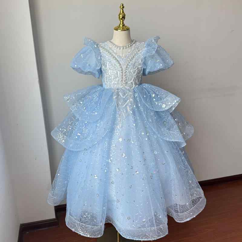 女の子 ドレス ブルー イブニング パーティー ワンピース フラワーガール プリンセス スカート チュチュ 誕生日 宴会 司会 ピアノ演奏 美しい デザイン フォーマル 子供用 かわいい シルエット