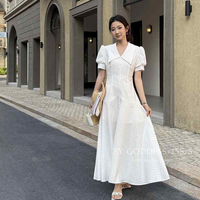 レディース ワンピース 夏 韓国風 ポルカドット 切り替え パフスリーブ ウエストシェイプ ロングドレス レトロ スタイリッシュ 短袖 軽やか シルエット