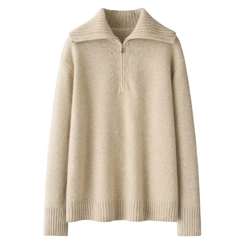 レディース カシミヤ 厚手 セーター 大襟 ゆったり リラックススタイル ハーフジップ プルオーバー ニット トップス 暖か 柔らかい 素材 普段使い