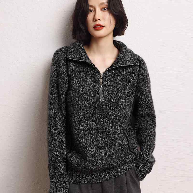 レディース ニットセーター ゆったり レトロ スタンドカラー ハーフジッパー 韓国風 秋冬 花柄 レース インナー 柔らかい ヤギ毛 カジュアル トップス オーバーサイズ 暖かみ 日常使い