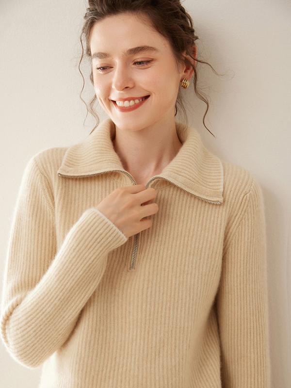 女性用 厚手 カシミヤ ニットセーター 半ジッパー スタンドカラー 長袖 ゆったり スリム 暖か インナー トップス 柔らか素材 レイヤード対応