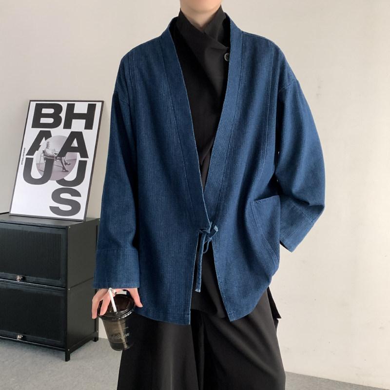 ジーンズ上衣 メンズ レディース 風 レトロ 着物風 Vのど首 紐付き ゆったり ルーズフィット ユニ一発やる 有りの実 二人組 大きめ大きさ ビッグ影ぼうし 心地よい 表どおり ジーンズ原料品 伸縮性 通い 普段使い