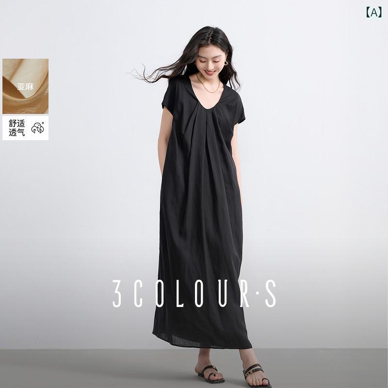 ワンピース レディース 再生繊維 麻 三色 ゆったり Aライン Uネック ロング キャップスリーブ 夏用 通気性 軽量 吸湿速乾 日常使い 涼しい デザイン|バランスケア 店