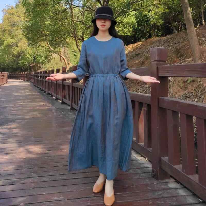 レディース ワンピース 麻 Aライン ゆったり ミドル丈 夏用 軽量 涼感 ボヘミアン風