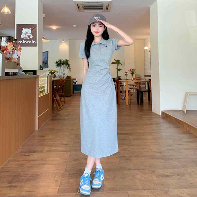 レディース ワンピース ビッグサイズ フレンチ 学院風 ポロスタイル 夏用 ロングスカート ぽっちゃり スリム効果 気質 エレガント ゆったりシルエット かわいい 軽やか 吸湿速乾