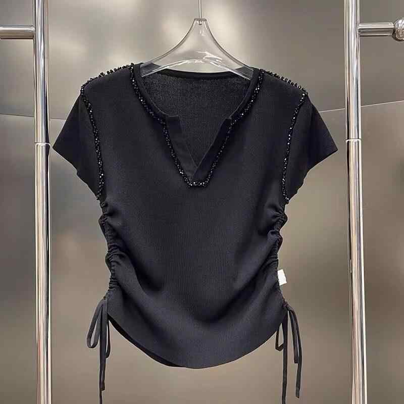 半袖Tシャツ レディース ブラック 接触冷感 ニット Vネック ドローコード プリーツ デザイン 高級感 夏用 トップス 吸湿速乾 軽量 伸縮性 普段使い