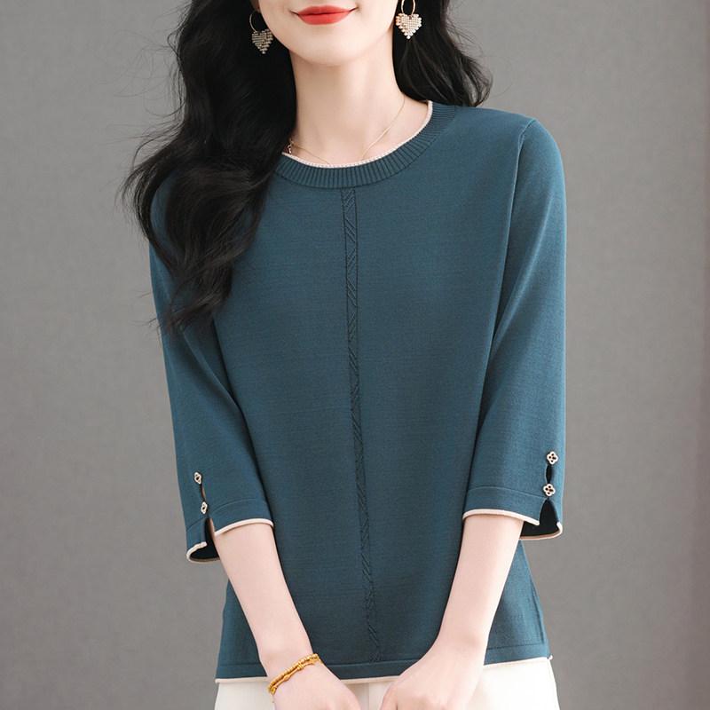 レディース ニットトップス 春夏 薄っぺら 絹地 中袖 ゆったり おっ母さん服 土手っ腹押しかぶせる 七分袖 肌付きプルオーバー 軽さ 吸湿速乾 パステル色の手当たり