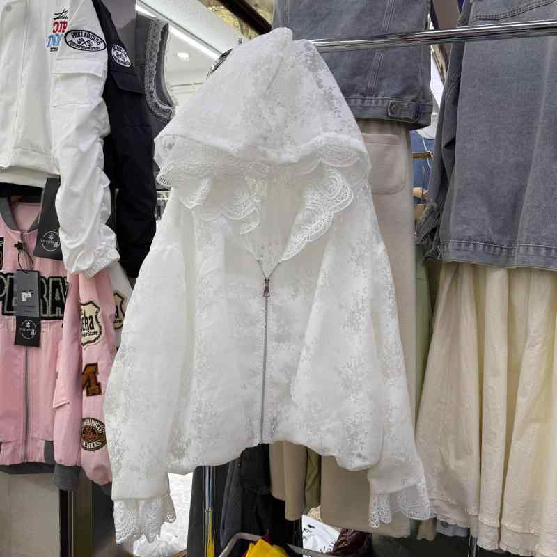 レディース 春夏 フード付き レース 透け ショートジャケット かわいい おしゃれ コーディネートしやすい 薄手 軽量 ジッパー UVカット 防紫外線 トップス