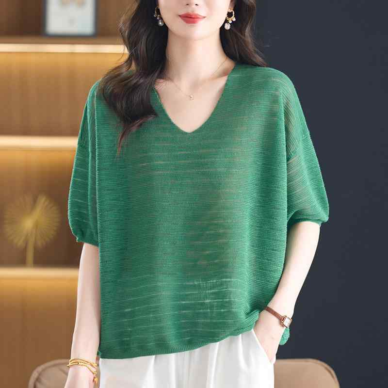 短袖 プルオーバー レディース 足し加える大きさ ゆったり Vのど首 当たること冷感 夏 心地よい 編み物 トップス 吸湿速乾 軽さ 普段使い