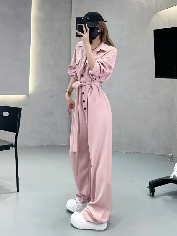 つなぎパンツ レディース ピンク ワーク風 ゆったり ワイドレッグ 春秋 高級感 スタイルアップ スリム効果 カジュアル 普段使い 軽量 伸縮性