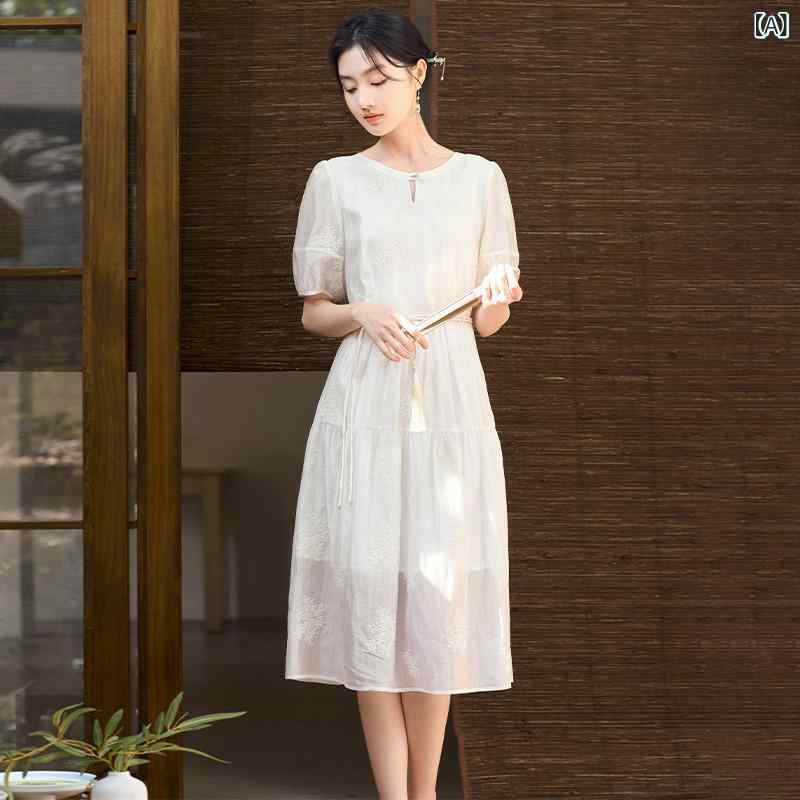 ワンピース レディース 白 夏 中国風 刺繍 紐付き リヨセル 素材 吸湿速乾 軽やか 女性らしい シルエット 快適 普段使い|バランスケア 店