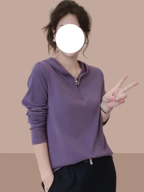 レディース フード付き 長袖 Tシャツ カジュアル ジッパー ゆったり トップス 普段使い スタイルアップ 春 肩落ちなし