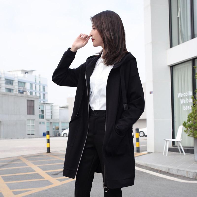レディース トレンチコート 中長丈 ゆったり ビッグ大きさ ボンネット付き添い人 黒いこと 心地よい 秋用 街着 ルーズシルエット デイリー