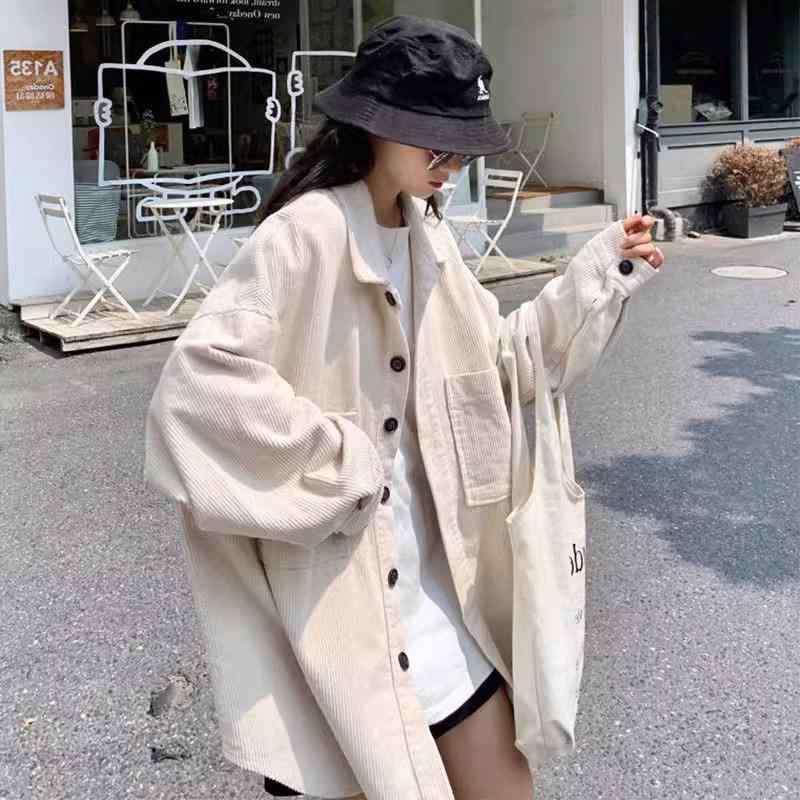 レディース アウター 大きめサイズ 秋 コーデュロイ 長袖 ゆったり風 スリム シャツ コート 厚手 暖か 通勤 普段使い 再生繊維 切り替え デザイン ベージュ グレー ブラック