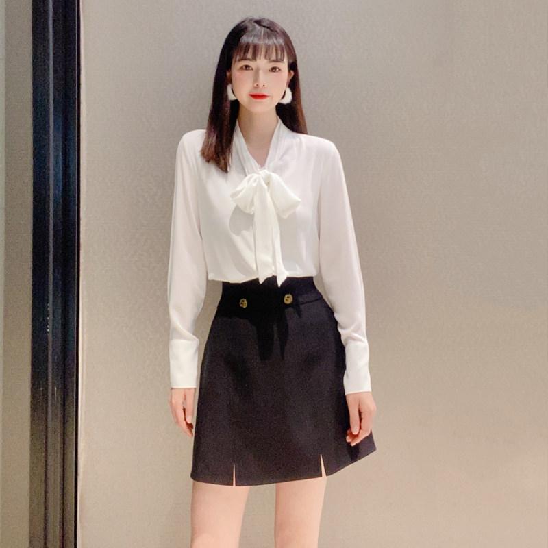 トップ レディース 長袖 白 シフォン トップス つがい結び 紐付き ドレープ感 春 口さかしい 女子らしい 普段使い