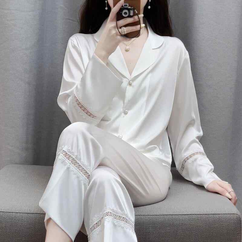 パジャマ 女性用 春秋 長袖 シャツ ロングパンツ セット 白色 切り替え レース 接触冷感 高級感 部屋着 ゆったり 通気性 吸湿 速乾 ソフト エレガント｜バランスケア　店