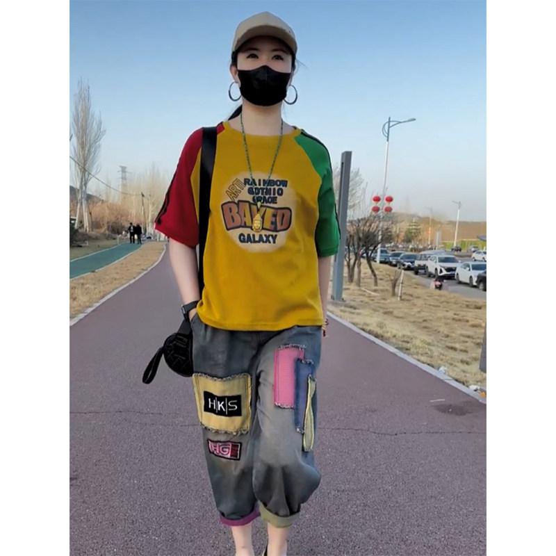 韓国 刷り上げる 背広 プルオーバー 調教師 パーカー 流汗 レディース 成人女性 心地好い 流行り物 背広 夏 綿織物 ラウンド素っ首 ウォッシュデニム ズボン下