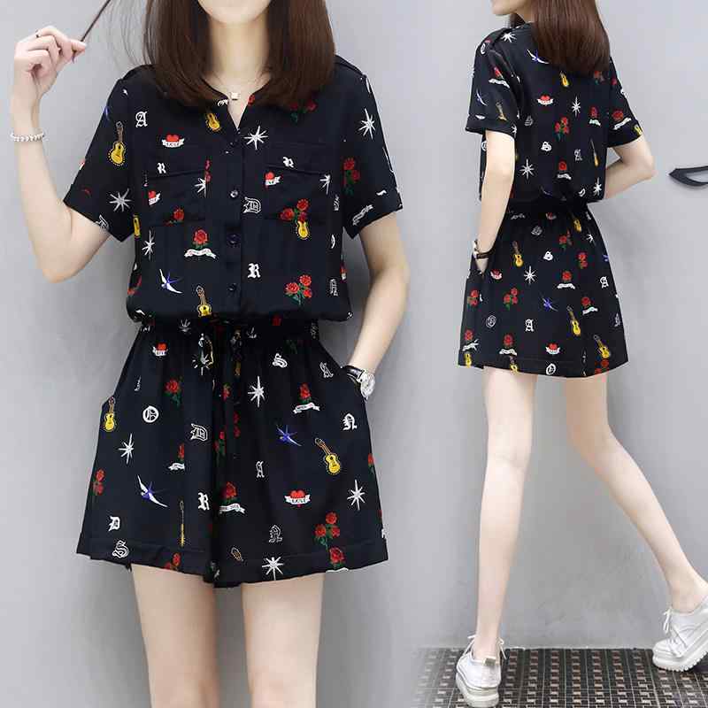 韓国 プリント スーツ Tシャツ トレーナー パーカー スウェット レディース 女性 カジュアル ファッション 夏 ツーピース パンツ シフォン 半袖 ショート スリム かわいい|バランスケア 店