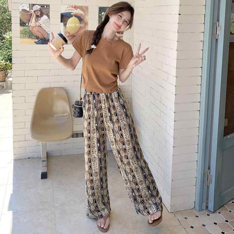 韓国 プリント スーツ Tシャツ トレーナー パーカー スウェット レディース 女性 カジュアル ファッション 薄手 シフォン パンツ ツーピース 夏 スリム|バランスケア 店