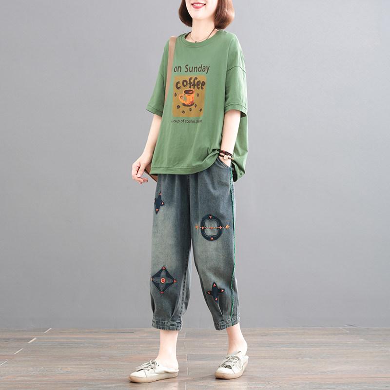 韓国 プリント スーツ Tシャツ トレーナー パーカー スウェット レディース 女性 カジュアル ファッション 夏 大きいサイズ 刺繍 デニム|バランスケア 店