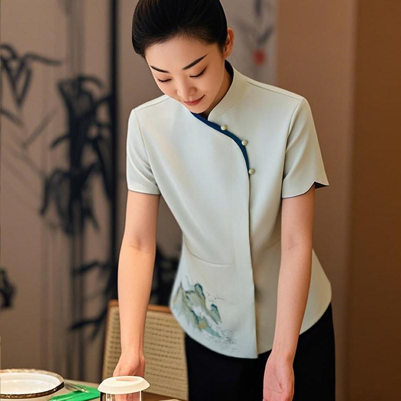 食べ物屋 給仕お召しもの レディース 向こう正面事務机 ケータリング 喫茶店 やり方服 御役目着 原材料制服 半袖