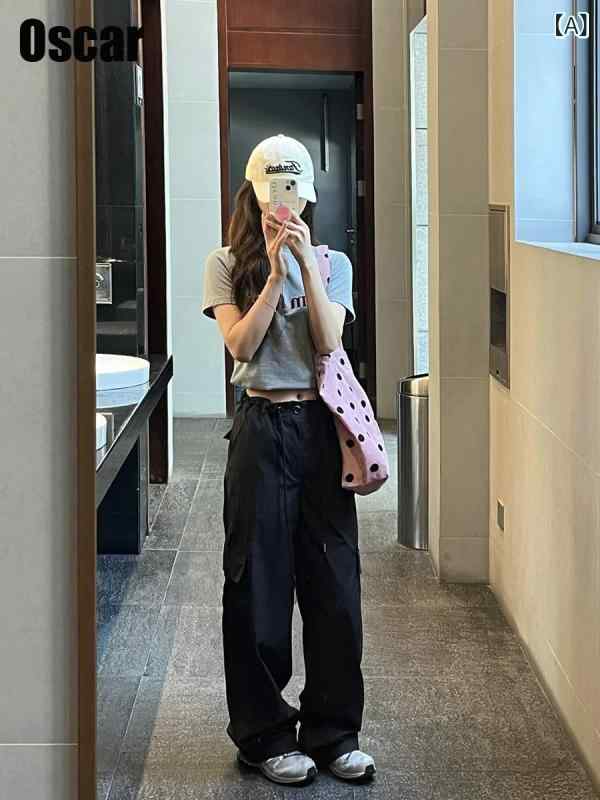 メタリック カジュアル カーゴ パンツ レディース ストレート ズボン ハイウエスト マルチ ポケット 作業服 仕事着 ワークウェア 春夏 シンプル おしゃれ アウター ヒップホップ アウトロー ストリート ファッション ブラック｜バランスケア　店