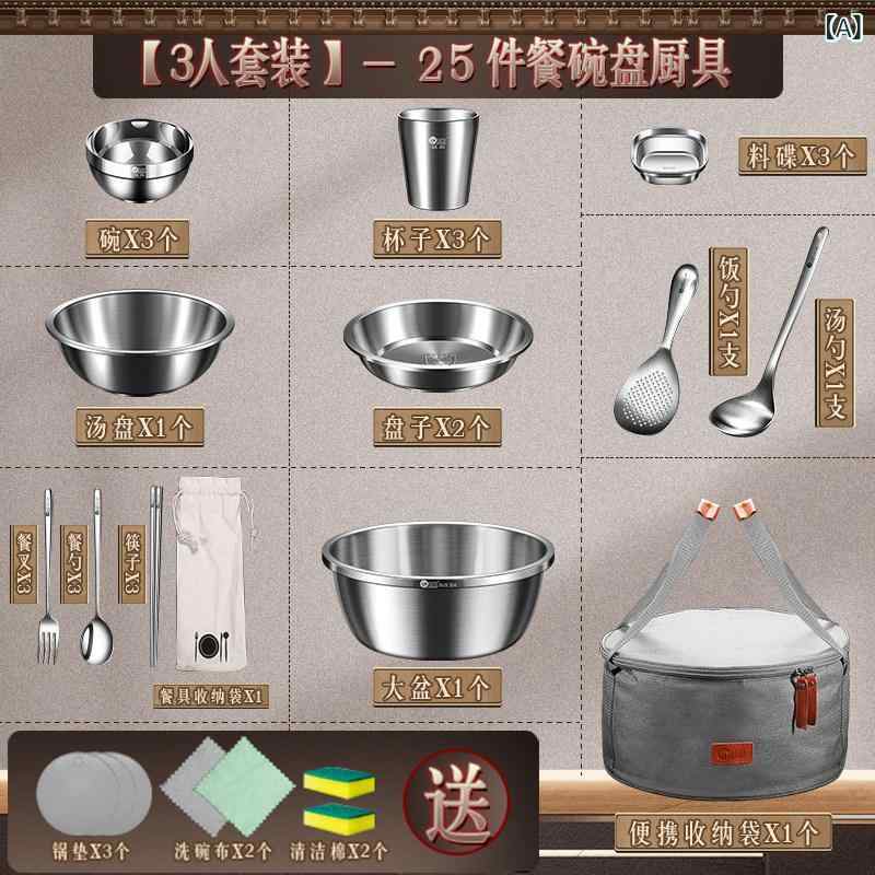 難民キャンプ アウトドア装置 ステンレス鋼 室外 食器 携帯型 書き割り 旅する 備品 ピクニック どんぶり鉢 一皿 優勝杯 箸 刀圭