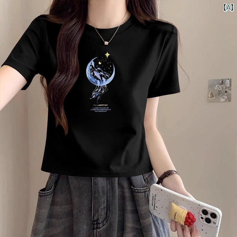 レディース トップス レディース ブラック プリント 半袖 Tシャツ 2025夏 スリミング＆ エイジング ショートショルダーの ホット ガール トップ｜バランスケア　店
