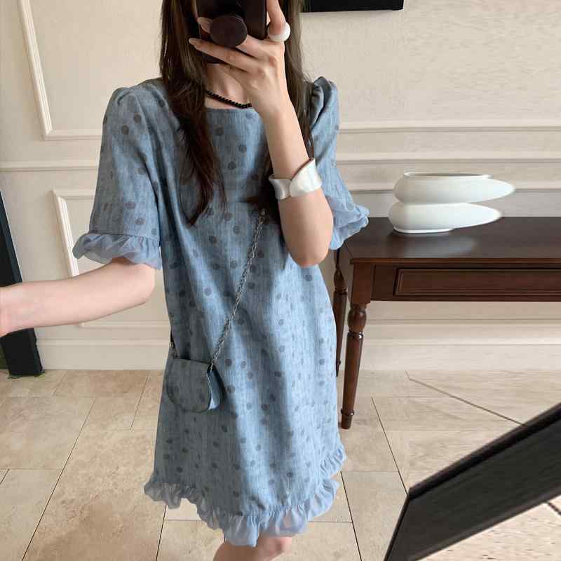 欧風 レディース 夏 半袖 パフ捩り 青み 水玉 点点柄 衣装 ゆったり 伸び伸びする相応う 心地好い 流行り物 今めかしい 着回し 全能