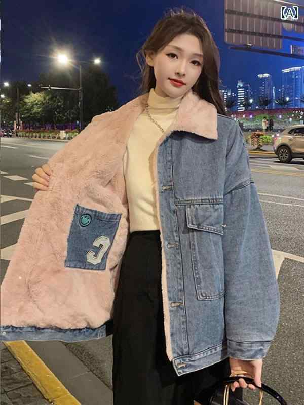 厚地の外套 上衣 ジーンズ レディース 冬 ゆったり 朦々たる 裏起毛 綿織物 ラムウール 韓国 分かりやすい 今めかしい 心地好い 流行り物 お出かけ アウター 使い分かりやすい 助けになる 青み サクラ色 杏