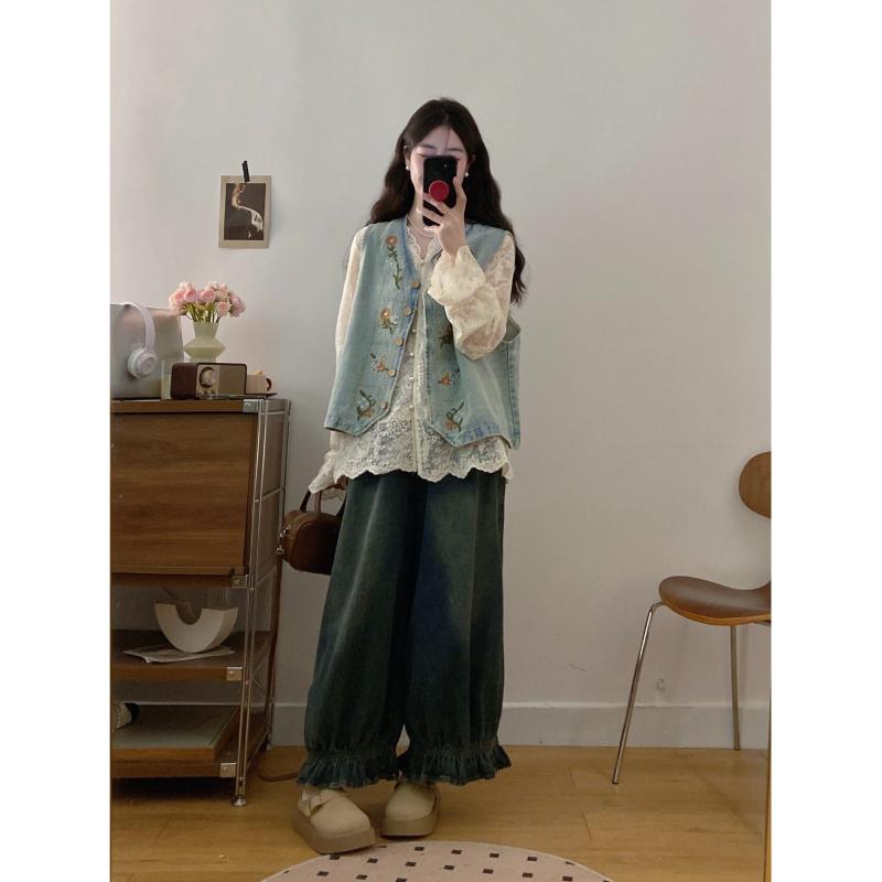 ジーンズ 表現スタイル レディース  工芸的な 花の 刺しゅうの より良い プルオーバー デニム レディース 春の 大層らしい大きさ 太った お嬢さん レトロ 流行り物のの スリー天下太平背広