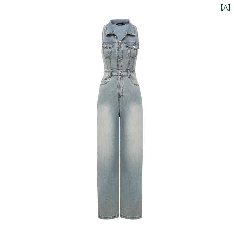 レトロ ノースリーブ デニム ジャンプスーツ 女性用 夏用 年齢を 感じさせにくい ワークウェア ハイウエスト ジャンプスーツ パンツ D 1 Y 1203 K｜バランスケア　店