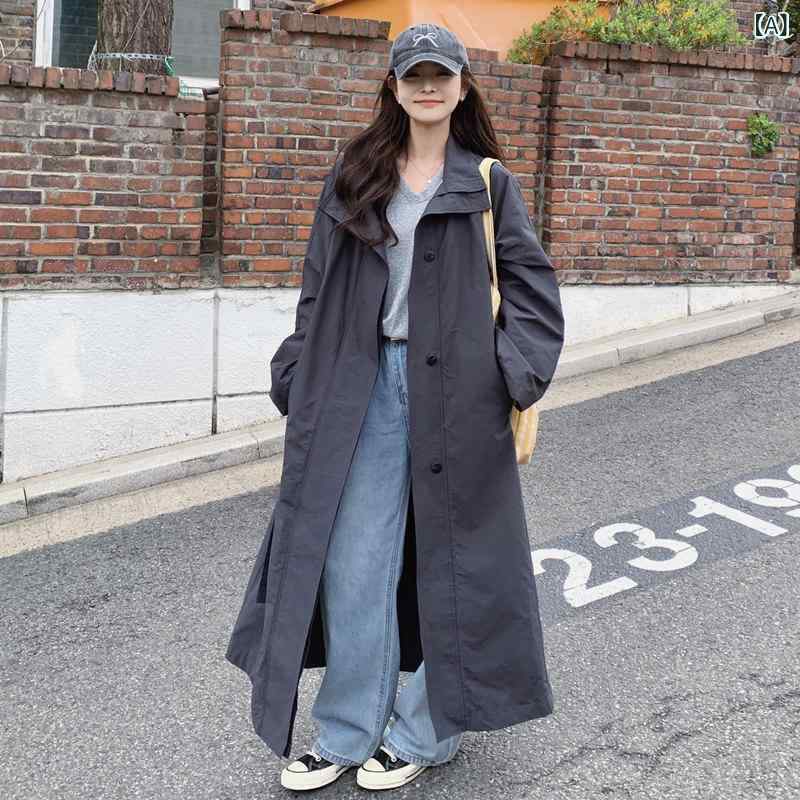 韓国 ネイビーブルーの ゆったり ロング 膝丈 ウィンドブレーカー 女性 春秋 英国 風 コート|バランスケア 店