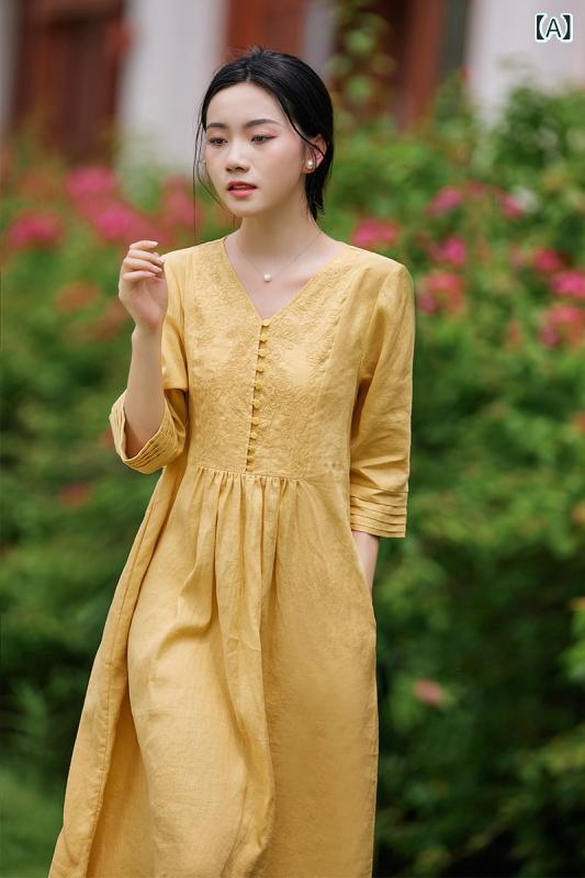 春夏 レデイース  リネン 刺しゅう 御召しもの  黄味がかったの 七分袖  ゆったり 綿織物と リネンの ロング スコート